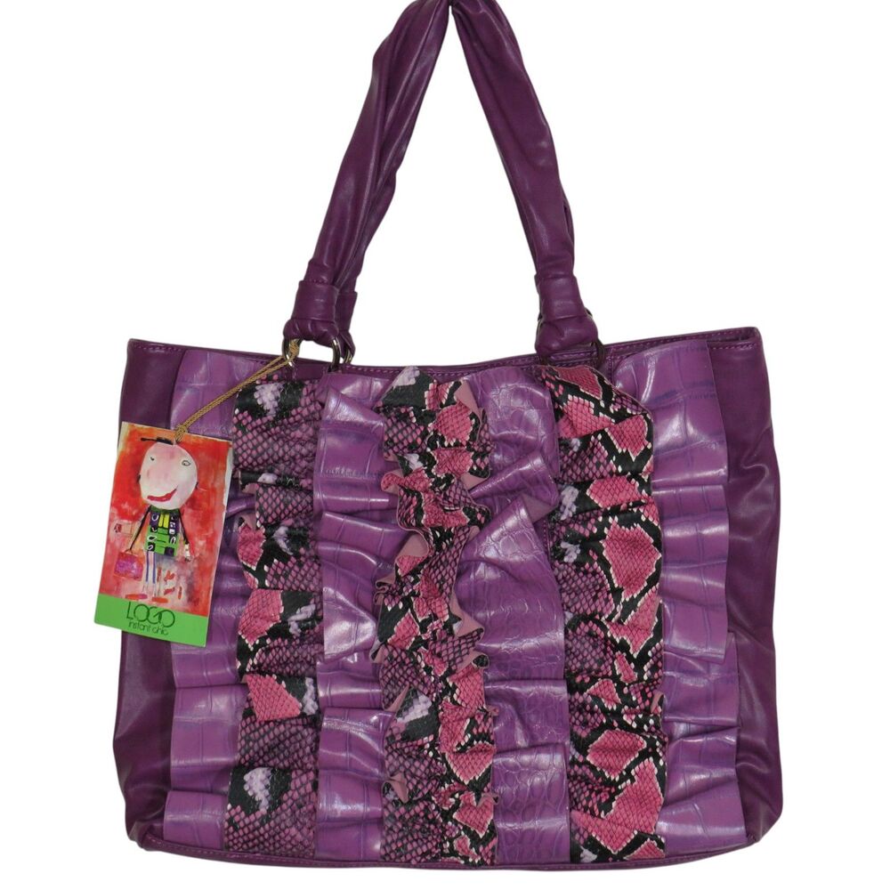 LOGO Instant Chic Vintage Purple Ruffled Snake Print Croc Embossed Tote Purse